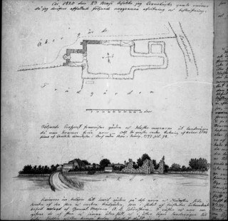 83, Klosterruinen samt planritning. Foto efter Nils Isak Löfgren, Kalmar stift, ATA